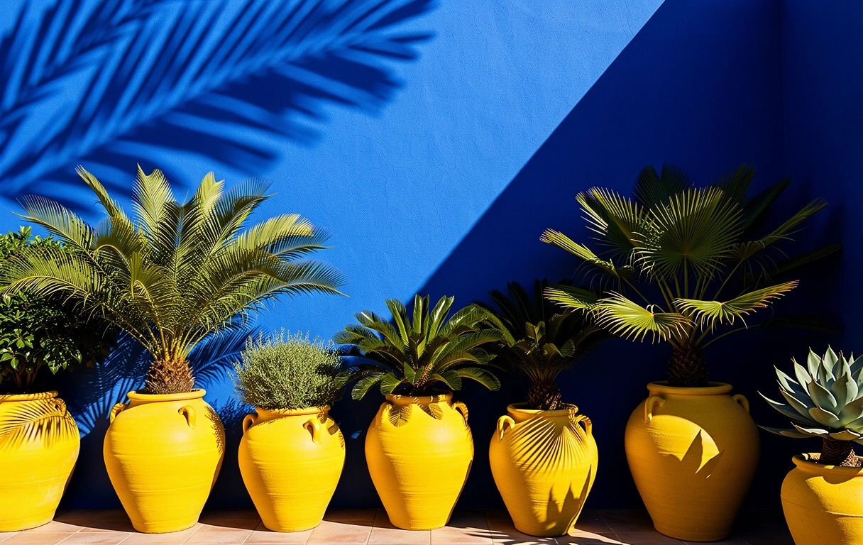 Poteries jaunes sur mur bleu