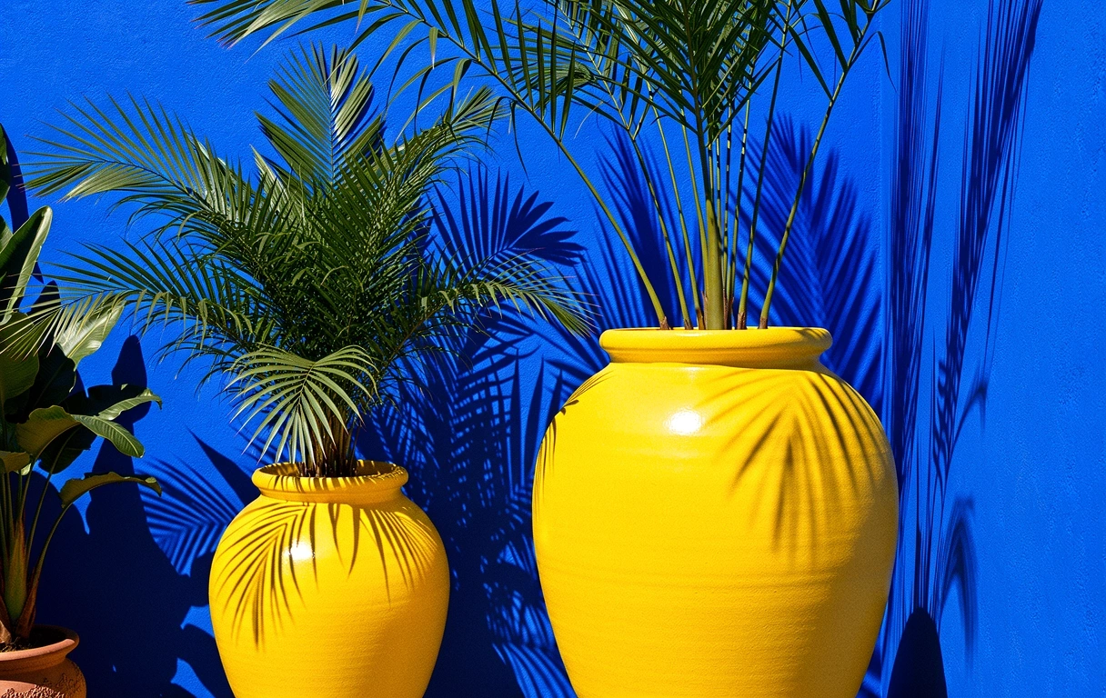 Pots en céramique jaune citron sur fond bleu Majorelle